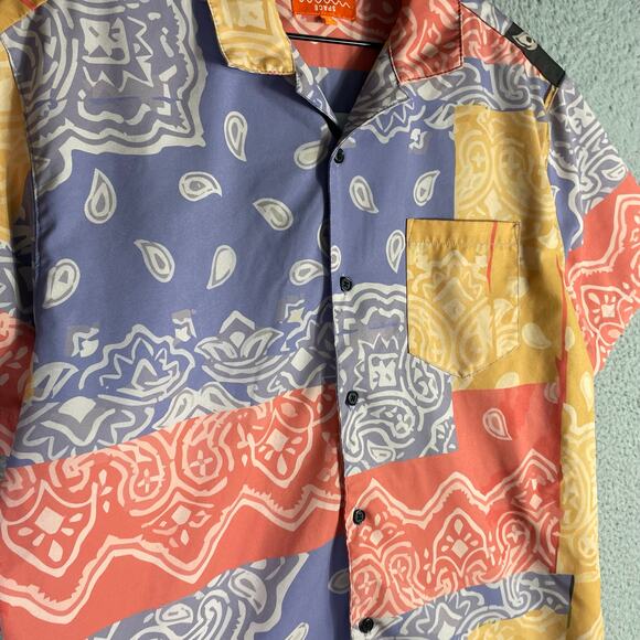 Negative Space Patchwork Bandana Print Shirt Multicolor Button Top‎ Men’s M - Picture 8 of 9